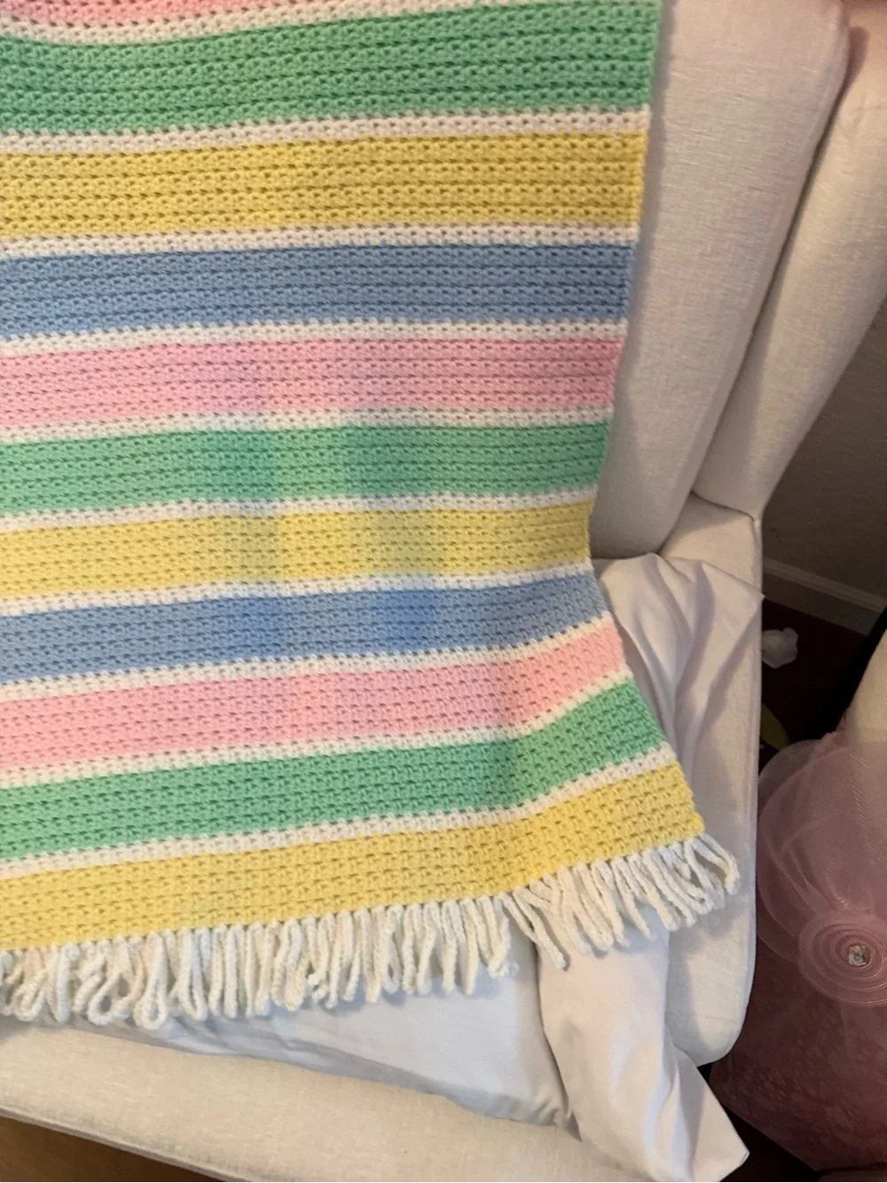 Handmade Cotton Crochet Afghan Lullaby Baby Blanket NWOT. Pastel Colors